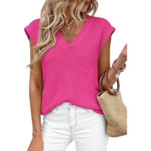 imagePRETTYGARDEN Womens 2026 Lightweight Sweaters Vest Spring Trendy Cap Sleeve V Neck Knit Tank Tops Summer Going Out OutfitsRose Red