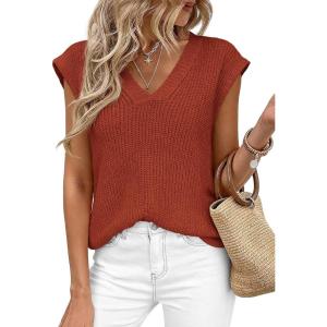 imagePRETTYGARDEN Womens 2026 Lightweight Sweaters Vest Spring Trendy Cap Sleeve V Neck Knit Tank Tops Summer Going Out OutfitsRust Red