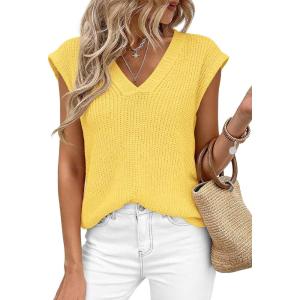 imagePRETTYGARDEN Womens 2026 Lightweight Sweaters Vest Spring Trendy Cap Sleeve V Neck Knit Tank Tops Summer Going Out OutfitsYellow