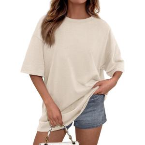 imagePRETTYGARDEN Womens 2026 Spring Going Out Tops Casual Short Sleeve Crewneck Loose Fit Basic Oversized T Shirts Summer OutfitsBeige