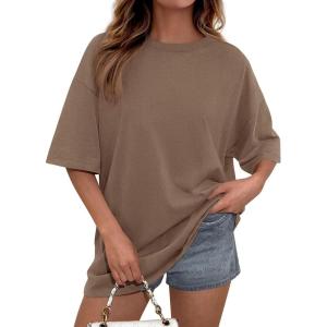 imagePRETTYGARDEN Womens 2026 Spring Going Out Tops Casual Short Sleeve Crewneck Loose Fit Basic Oversized T Shirts Summer OutfitsBrown