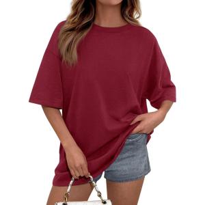 imagePRETTYGARDEN Womens 2026 Spring Going Out Tops Casual Short Sleeve Crewneck Loose Fit Basic Oversized T Shirts Summer OutfitsBurgundy