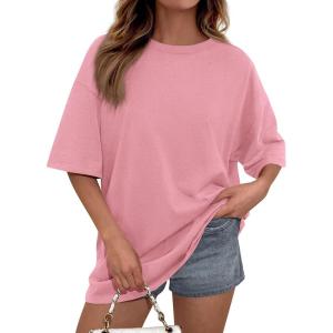 imagePRETTYGARDEN Womens 2026 Spring Going Out Tops Casual Short Sleeve Crewneck Loose Fit Basic Oversized T Shirts Summer OutfitsPink
