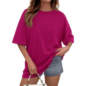 imagePRETTYGARDEN Womens 2026 Spring Going Out Tops Casual Short Sleeve Crewneck Loose Fit Basic Oversized T Shirts Summer OutfitsRose Red