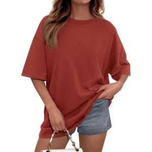 imagePRETTYGARDEN Womens 2026 Spring Going Out Tops Casual Short Sleeve Crewneck Loose Fit Basic Oversized T Shirts Summer OutfitsRust Red