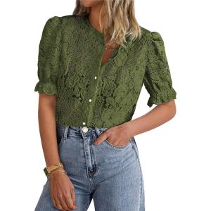 imagePRETTYGARDEN Womens 2026 Spring Lace Tops Short Puff Sleeve Casual Dressy Blouses Eyelet Crew Neck Button Down ShirtsArmy Green