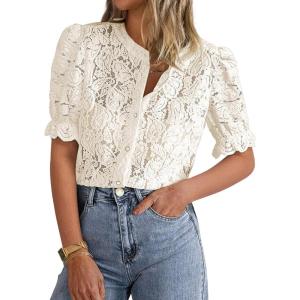 imagePRETTYGARDEN Womens 2026 Spring Lace Tops Short Puff Sleeve Casual Dressy Blouses Eyelet Crew Neck Button Down ShirtsBeige