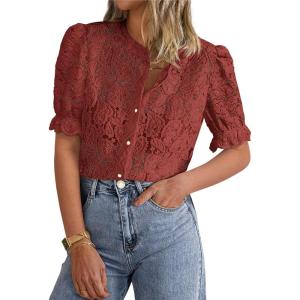 imagePRETTYGARDEN Womens 2026 Spring Lace Tops Short Puff Sleeve Casual Dressy Blouses Eyelet Crew Neck Button Down ShirtsBrown Red