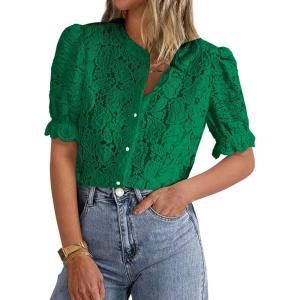 imagePRETTYGARDEN Womens 2026 Spring Lace Tops Short Puff Sleeve Casual Dressy Blouses Eyelet Crew Neck Button Down ShirtsDark Green