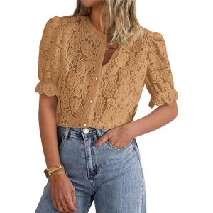 imagePRETTYGARDEN Womens 2026 Spring Lace Tops Short Puff Sleeve Casual Dressy Blouses Eyelet Crew Neck Button Down ShirtsKhaki