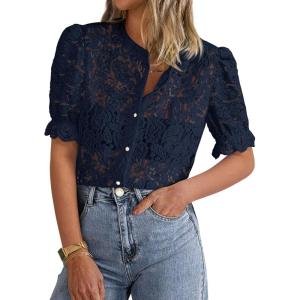 imagePRETTYGARDEN Womens 2026 Spring Lace Tops Short Puff Sleeve Casual Dressy Blouses Eyelet Crew Neck Button Down ShirtsNavy