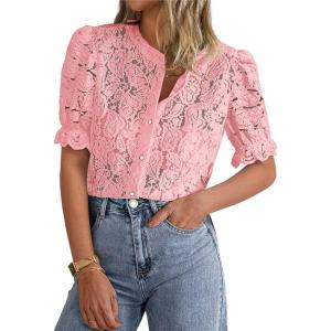imagePRETTYGARDEN Womens 2026 Spring Lace Tops Short Puff Sleeve Casual Dressy Blouses Eyelet Crew Neck Button Down ShirtsPink