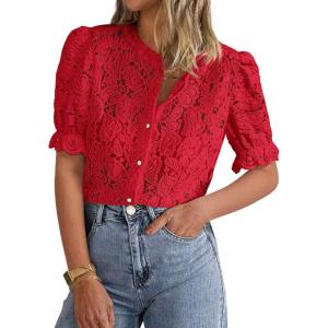 imagePRETTYGARDEN Womens 2026 Spring Lace Tops Short Puff Sleeve Casual Dressy Blouses Eyelet Crew Neck Button Down ShirtsRed