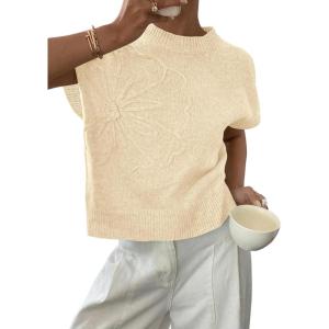 imagePRETTYGARDEN Womens 2026 Spring Sweater Vest Trendy Flower Knit Short Sleeve Cute Pullover Tank Tops Summer Fashion ClothingApricot
