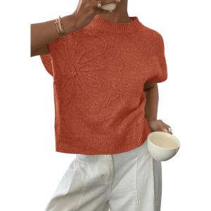 imagePRETTYGARDEN Womens 2026 Spring Sweater Vest Trendy Flower Knit Short Sleeve Cute Pullover Tank Tops Summer Fashion ClothingBurnt Orange