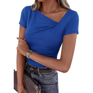 imagePRETTYGARDEN Womens 2026 Summer Asymmetrical Y2K Tops Trendy Ribbed Short Sleeve Fitted Tee Shirts Spring Fashion ClothingBlue