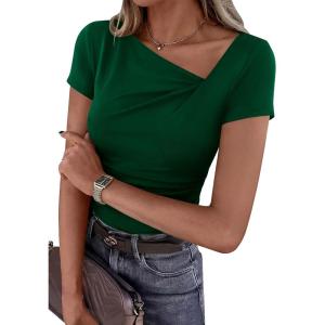 imagePRETTYGARDEN Womens 2026 Summer Asymmetrical Y2K Tops Trendy Ribbed Short Sleeve Fitted Tee Shirts Spring Fashion ClothingDark Green