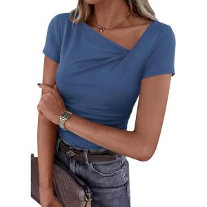 imagePRETTYGARDEN Womens 2026 Summer Asymmetrical Y2K Tops Trendy Ribbed Short Sleeve Fitted Tee Shirts Spring Fashion ClothingDusty Blue