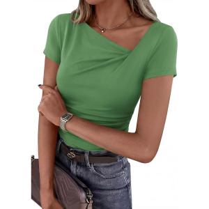 imagePRETTYGARDEN Womens 2026 Summer Asymmetrical Y2K Tops Trendy Ribbed Short Sleeve Fitted Tee Shirts Spring Fashion ClothingFruit Green
