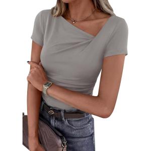 imagePRETTYGARDEN Womens 2026 Summer Asymmetrical Y2K Tops Trendy Ribbed Short Sleeve Fitted Tee Shirts Spring Fashion ClothingLight Grey