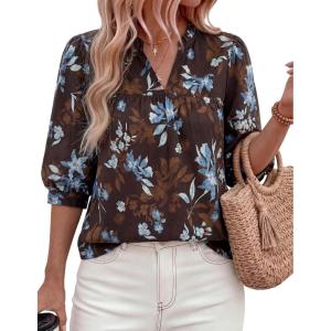 imagePRETTYGARDEN Womens 2026 Summer Floral Blouses Dressy Casual Half Sleeve V Neck Going Out Boho Tops Spring Fashion ClothingCoffee