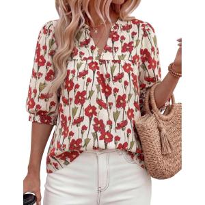 imagePRETTYGARDEN Womens 2026 Summer Floral Blouses Dressy Casual Half Sleeve V Neck Going Out Boho Tops Spring Fashion ClothingFloral Apricot Red