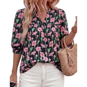 imagePRETTYGARDEN Womens 2026 Summer Floral Blouses Dressy Casual Half Sleeve V Neck Going Out Boho Tops Spring Fashion ClothingFloral Black Pink