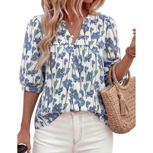 imagePRETTYGARDEN Womens 2026 Summer Floral Blouses Dressy Casual Half Sleeve V Neck Going Out Boho Tops Spring Fashion ClothingFloral White Blue