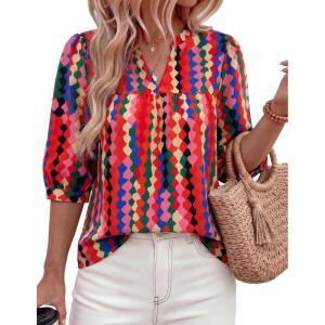 imagePRETTYGARDEN Womens 2026 Summer Floral Blouses Dressy Casual Half Sleeve V Neck Going Out Boho Tops Spring Fashion ClothingMulticolored