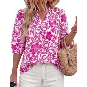 imagePRETTYGARDEN Womens 2026 Summer Floral Blouses Dressy Casual Half Sleeve V Neck Going Out Boho Tops Spring Fashion ClothingRose Red