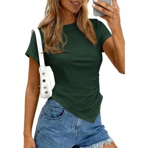 imagePRETTYGARDEN Womens Asymmetrical Summer Tops 2026 Going Out Shirts Spring Y2K Short Sleeve Crew Neck Ruched Trendy ClothesDark Green