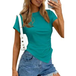 imagePRETTYGARDEN Womens Asymmetrical Summer Tops 2026 Going Out Shirts Spring Y2K Short Sleeve Crew Neck Ruched Trendy ClothesGreen