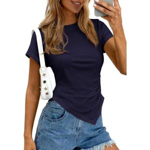 imagePRETTYGARDEN Womens Asymmetrical Summer Tops 2026 Going Out Shirts Spring Y2K Short Sleeve Crew Neck Ruched Trendy ClothesNavy