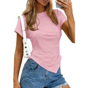 imagePRETTYGARDEN Womens Asymmetrical Summer Tops 2026 Going Out Shirts Spring Y2K Short Sleeve Crew Neck Ruched Trendy ClothesPink