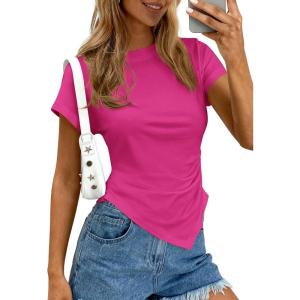 imagePRETTYGARDEN Womens Asymmetrical Summer Tops 2026 Going Out Shirts Spring Y2K Short Sleeve Crew Neck Ruched Trendy ClothesRose Red
