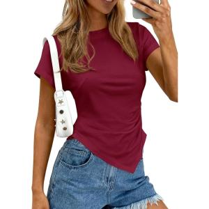 imagePRETTYGARDEN Womens Asymmetrical Summer Tops 2026 Going Out Shirts Spring Y2K Short Sleeve Crew Neck Ruched Trendy ClothesWine Red