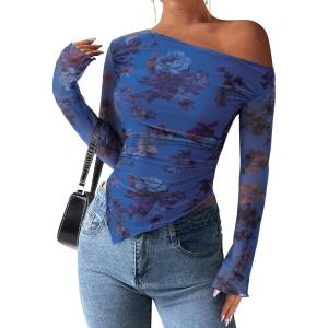 imagePRETTYGARDEN Womens Fall Trendy Off Shoulder Y2k Tops 2026 Tie Dye Mesh Long Sleeve Shirts Asymmetrical Ruched Floral BlouseFloral Blue