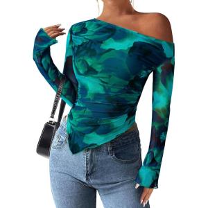 imagePRETTYGARDEN Womens Fall Trendy Off Shoulder Y2k Tops 2026 Tie Dye Mesh Long Sleeve Shirts Asymmetrical Ruched Floral BlouseFloral Lake Blue