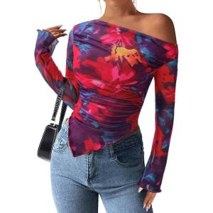 imagePRETTYGARDEN Womens Fall Trendy Off Shoulder Y2k Tops 2026 Tie Dye Mesh Long Sleeve Shirts Asymmetrical Ruched Floral BlouseFloral Navy Red