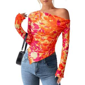 imagePRETTYGARDEN Womens Fall Trendy Off Shoulder Y2k Tops 2026 Tie Dye Mesh Long Sleeve Shirts Asymmetrical Ruched Floral BlouseFloral Orange