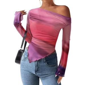 imagePRETTYGARDEN Womens Fall Trendy Off Shoulder Y2k Tops 2026 Tie Dye Mesh Long Sleeve Shirts Asymmetrical Ruched Floral BlouseMulticolour Print