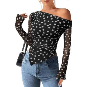 imagePRETTYGARDEN Womens Fall Trendy Off Shoulder Y2k Tops 2026 Tie Dye Mesh Long Sleeve Shirts Asymmetrical Ruched Floral BlouseSmall Dot Black