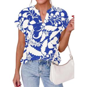 imagePRETTYGARDEN Womens Floral Print Short Sleeve Summer Tops 2026 Trendy V Neck Loose Boho Shirts Casual Work BlousesBlue White Flower