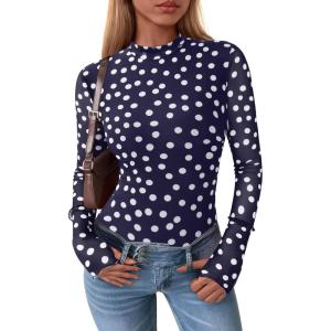 imagePRETTYGARDEN Womens Long Sleeve Going Out Tops 2026 Spring Y2K Clothes Mesh Floral Fitted Shirts Date Night Outfit01 Dot Navy White