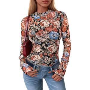 imagePRETTYGARDEN Womens Long Sleeve Going Out Tops 2026 Spring Y2K Clothes Mesh Floral Fitted Shirts Date Night OutfitFloral Black Orange