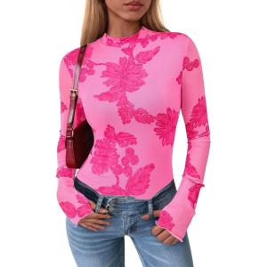 imagePRETTYGARDEN Womens Long Sleeve Going Out Tops 2026 Spring Y2K Clothes Mesh Floral Fitted Shirts Date Night OutfitFloral Pink Rose Red