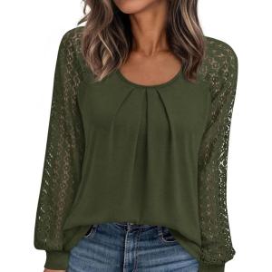 imagePRETTYGARDEN Womens Long Sleeve Shirts Lace Tops 2026 Spring Fashion Outfits Dressy Casual Blouses Work ClothesArmy Green