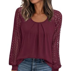 imagePRETTYGARDEN Womens Long Sleeve Shirts Lace Tops 2026 Spring Fashion Outfits Dressy Casual Blouses Work ClothesBurgundy