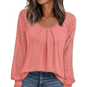 imagePRETTYGARDEN Womens Long Sleeve Shirts Lace Tops 2026 Spring Fashion Outfits Dressy Casual Blouses Work ClothesCoral Pink