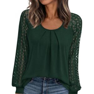 imagePRETTYGARDEN Womens Long Sleeve Shirts Lace Tops 2026 Spring Fashion Outfits Dressy Casual Blouses Work ClothesDark Green